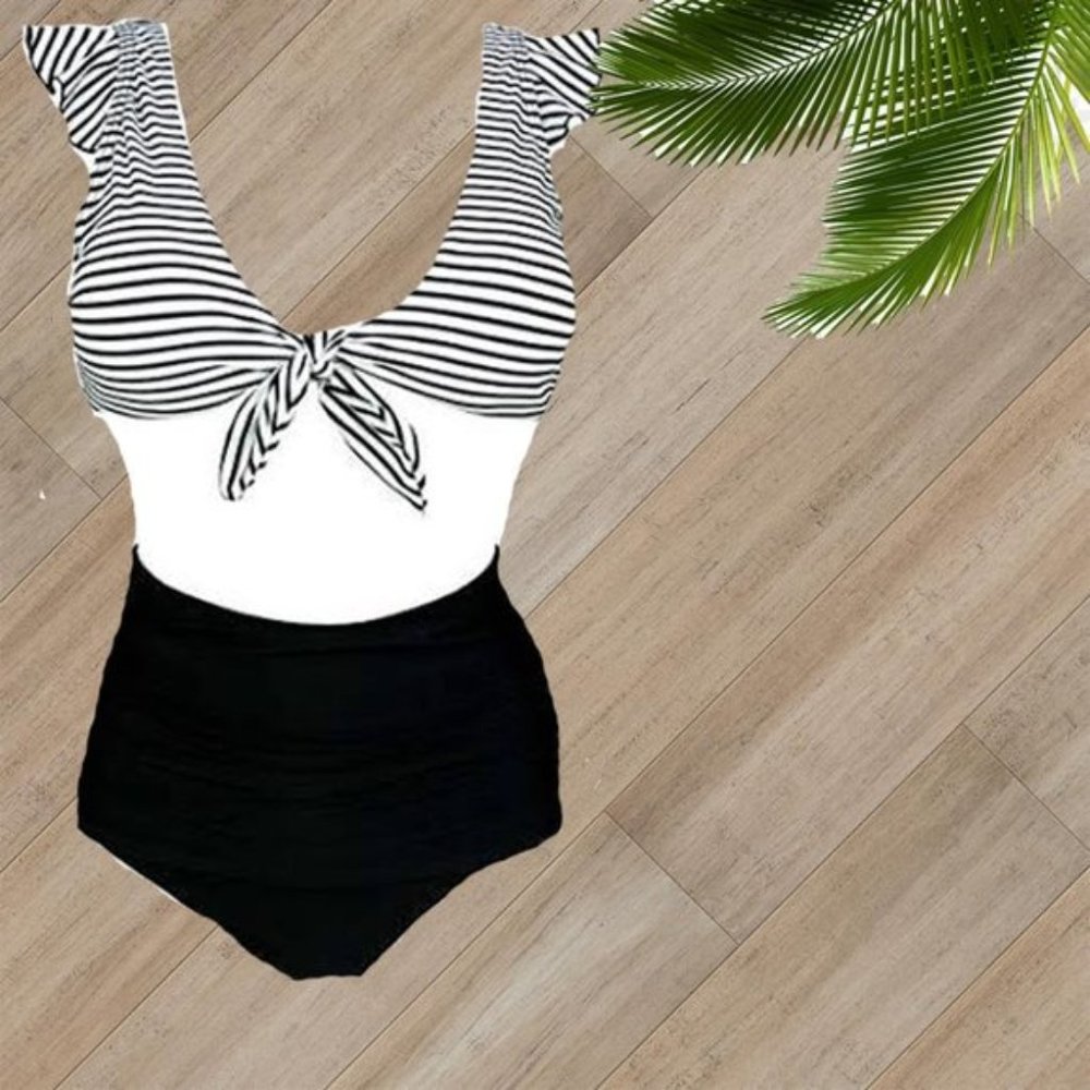 BLACK WHITE STRIPE RUFFLE FRONT TIE TWO PIECE SWIMSUIT